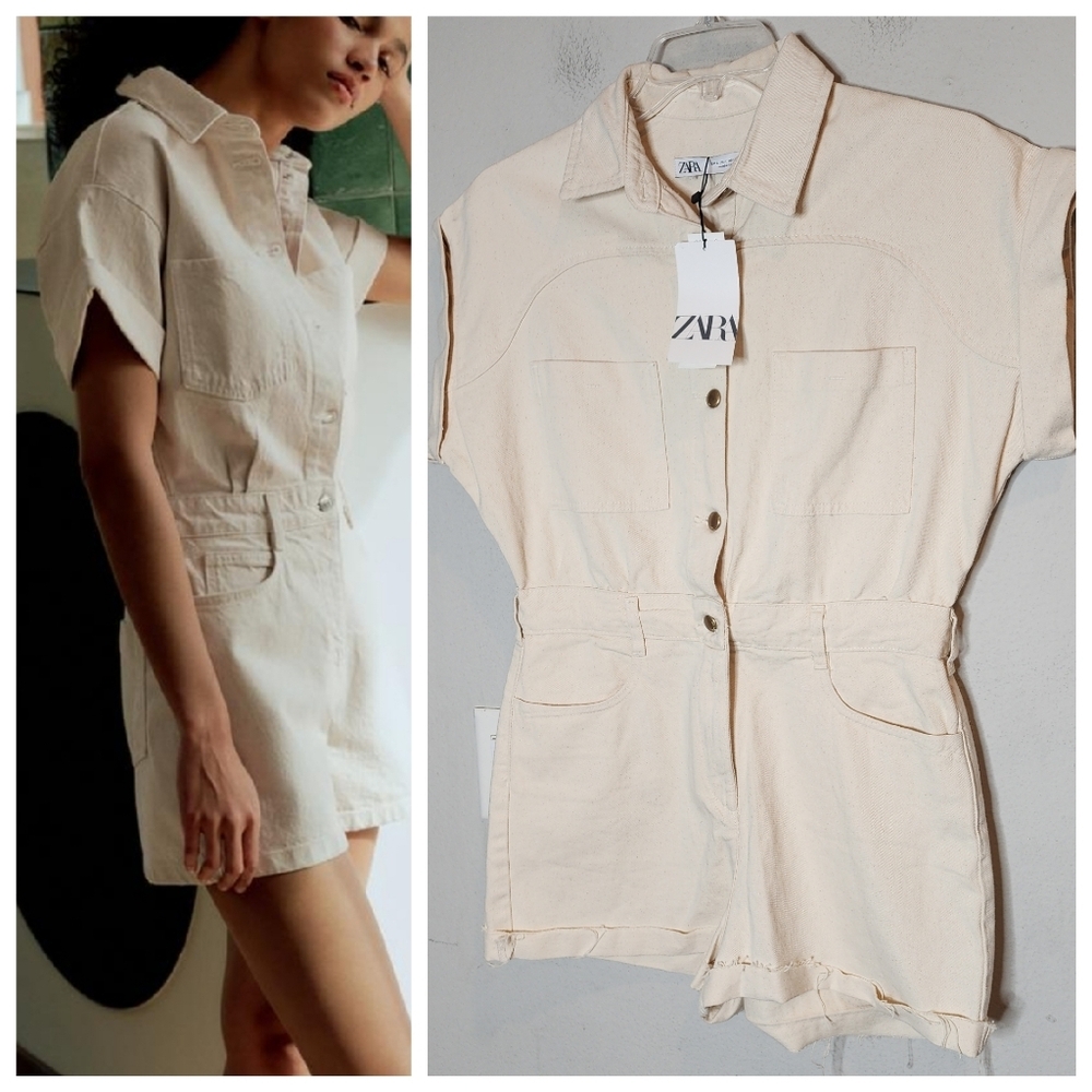 NWT Zara Cream Denim Playsuit‎ Romper Size Large.